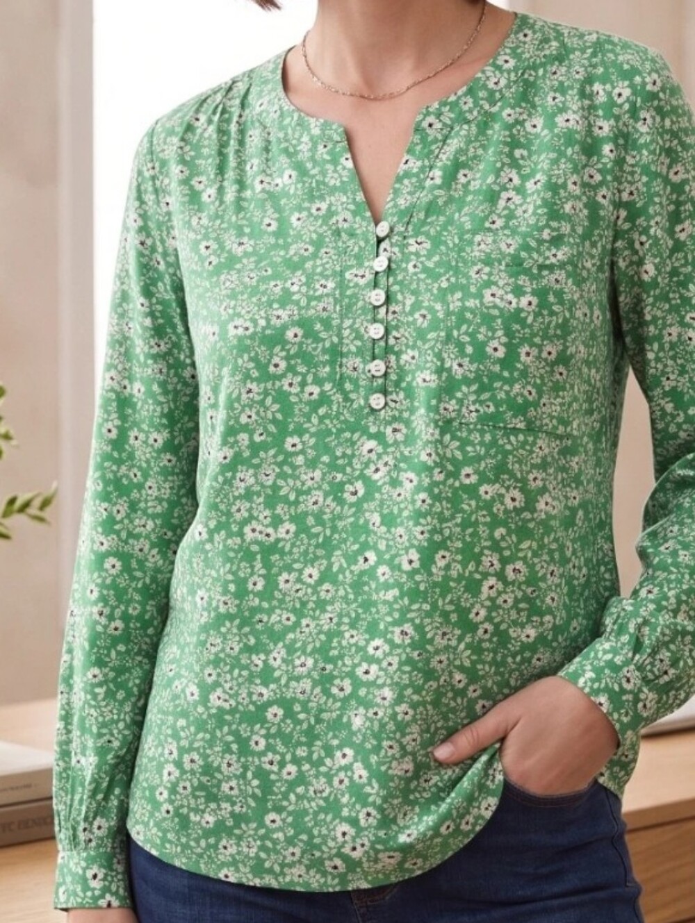 J. Jill Green Floral Henley Blouse